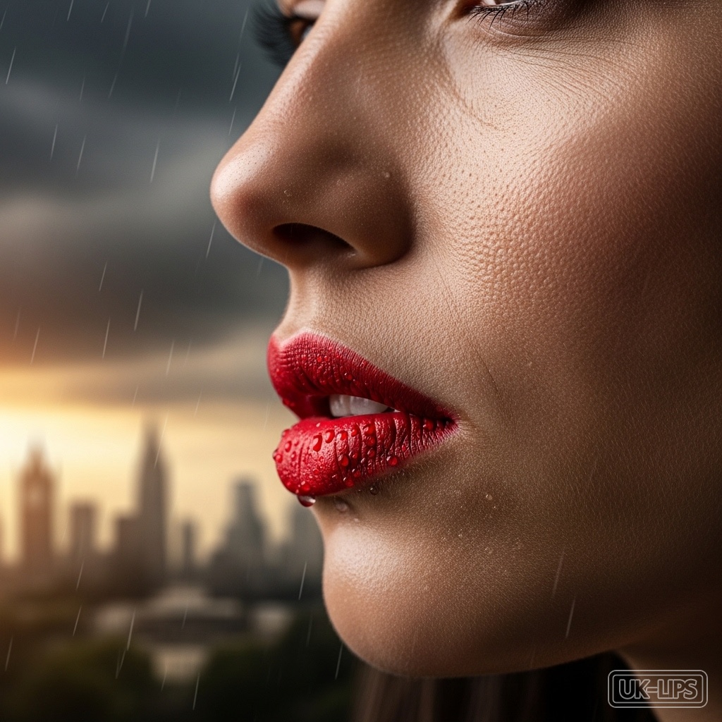 Bold matte lips defying January rain on a British woman's face in editorial beauty shot