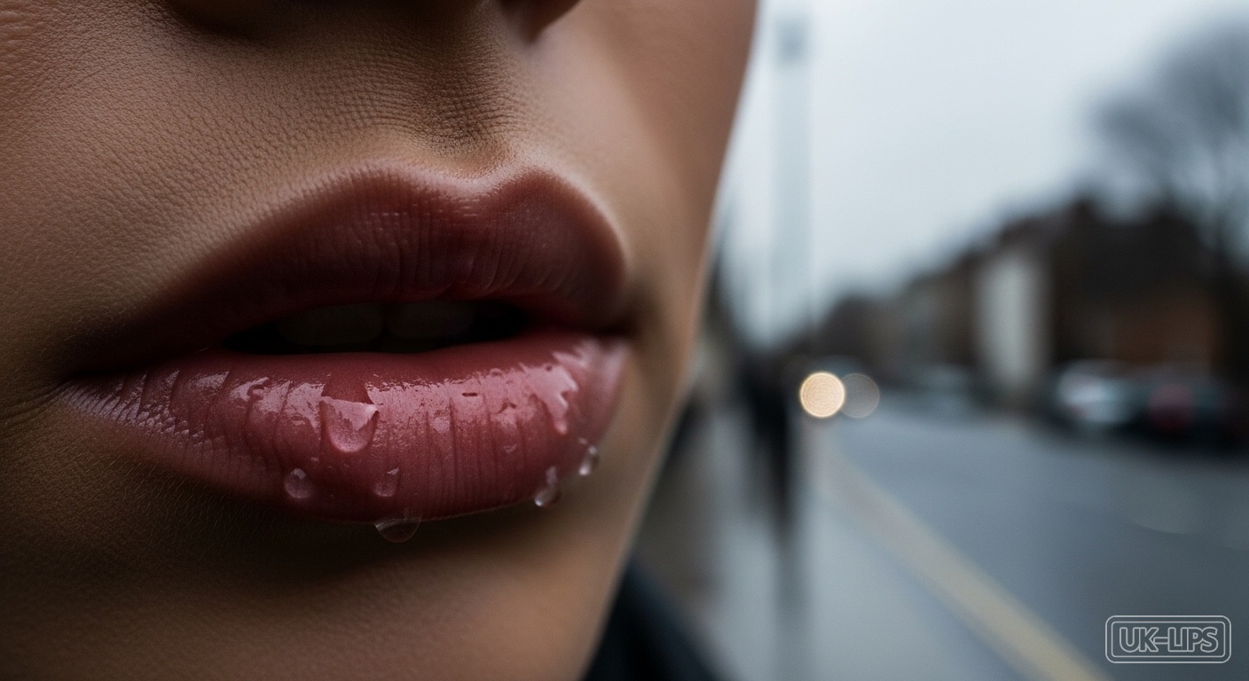 Hyper-realistic close-up of resilient lips enduring January rain in UK beauty style