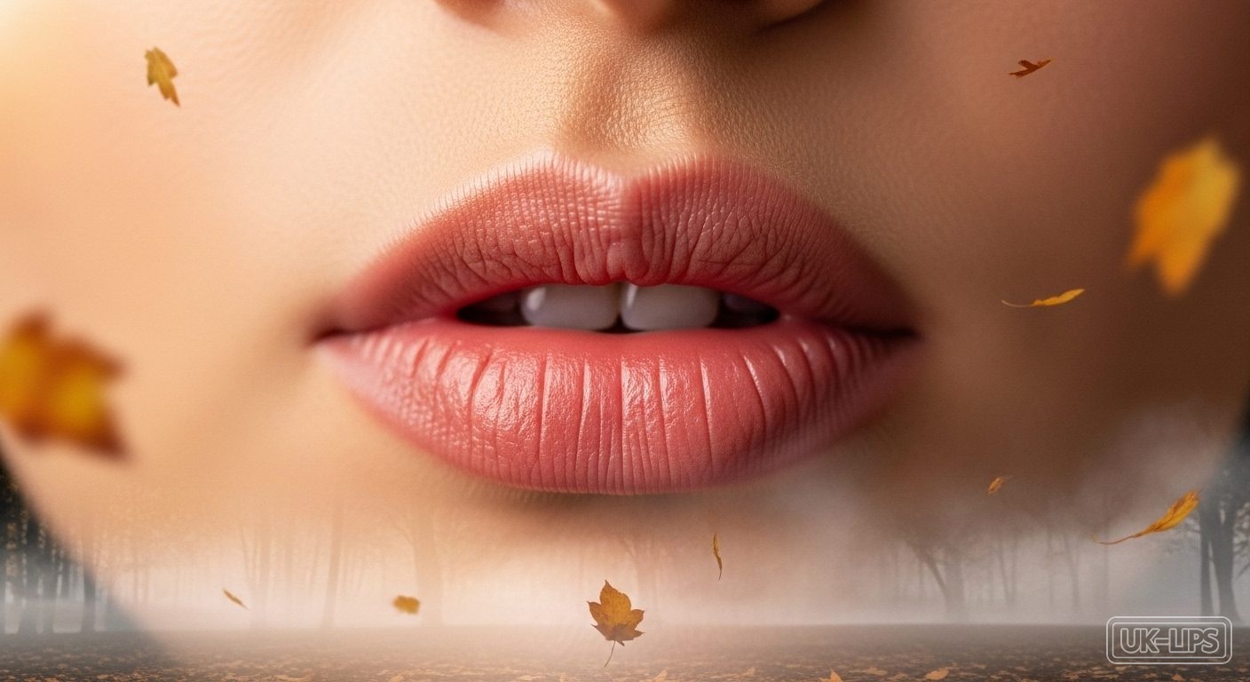 A confident woman's hydrated rosy lips amidst autumn fog, symbolising winter-proof beauty.