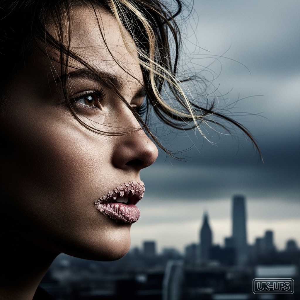 Woman's dry winter lips against stormy UK skyline, illustrating seasonal lip challenges.