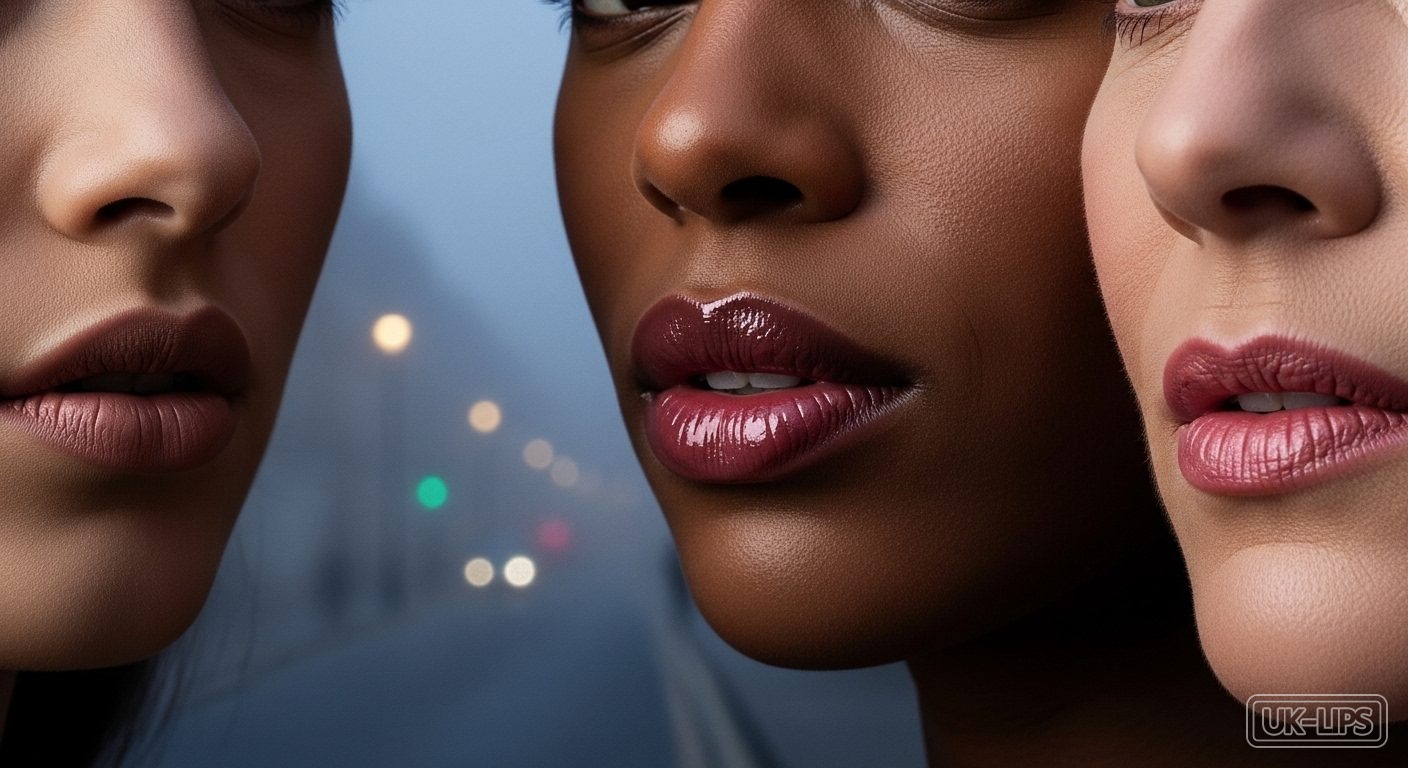 Diverse women with nude and berry lips on a foggy UK street, evoking post-Halloween reflection on beauty choices