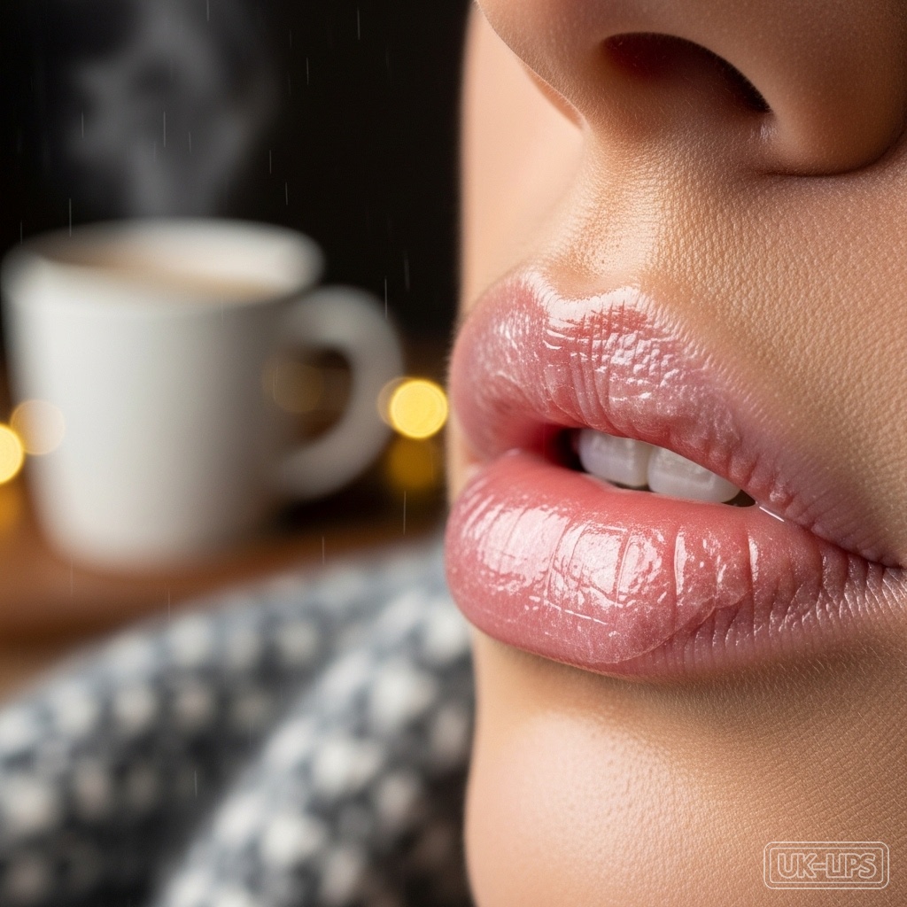 Chapped lips healed with balm, cozy November hydration