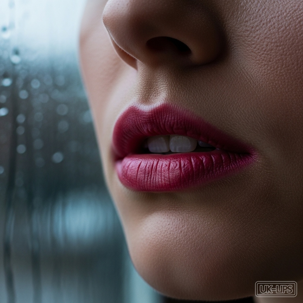 Smudged berry lips in rainy window reflection, November rebellion vibe