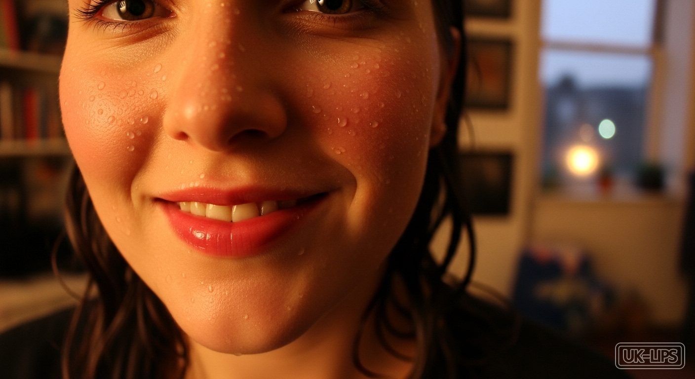 Woman with glossy pink lips in rainy November mood, cozy self-care vibe