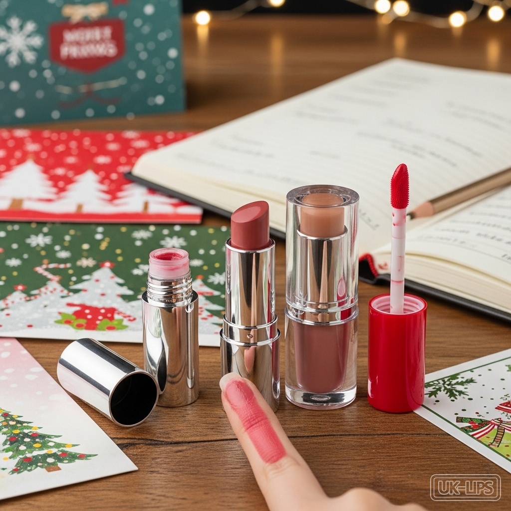Assortment of multitasking lip balms and glosses for quick festive beauty application