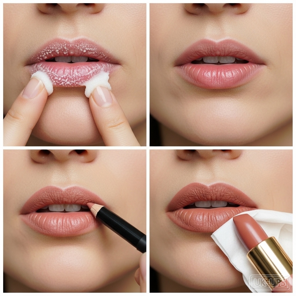 Step-by-step nude lip application process, from prep to finish.