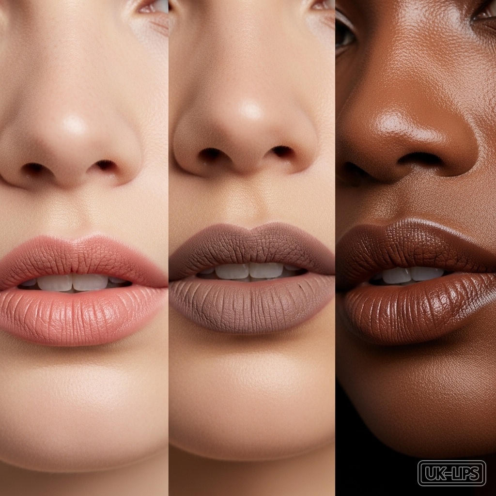Varied skin tones with matched nude lips, illustrating inclusive shade selection.