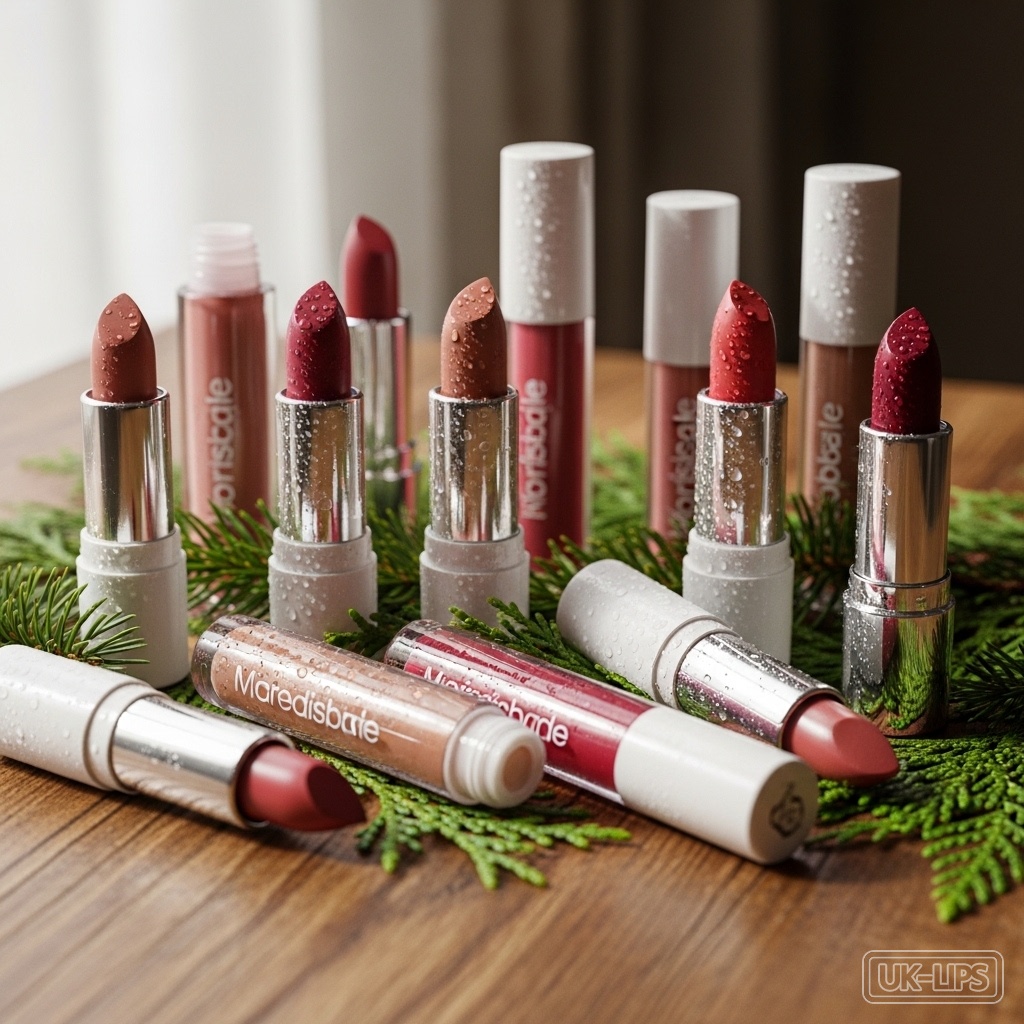 Selection of enduring winter lip products in neutral and berry shades, evoking quiet holiday elegance.