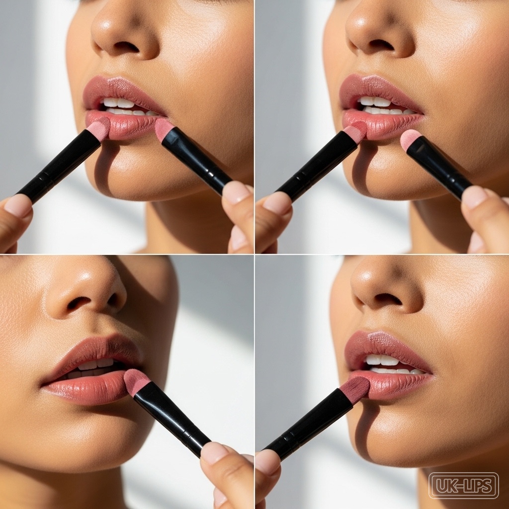 Tutorial-style image demonstrating blurred lip technique for a natural, defiant winter look.