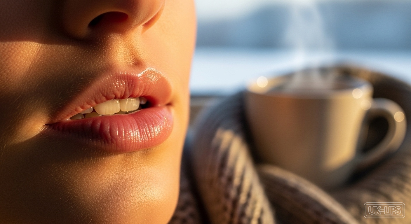 A woman's nourished lips showcasing eco-friendly lip balm hydration amid winter UK vibes.