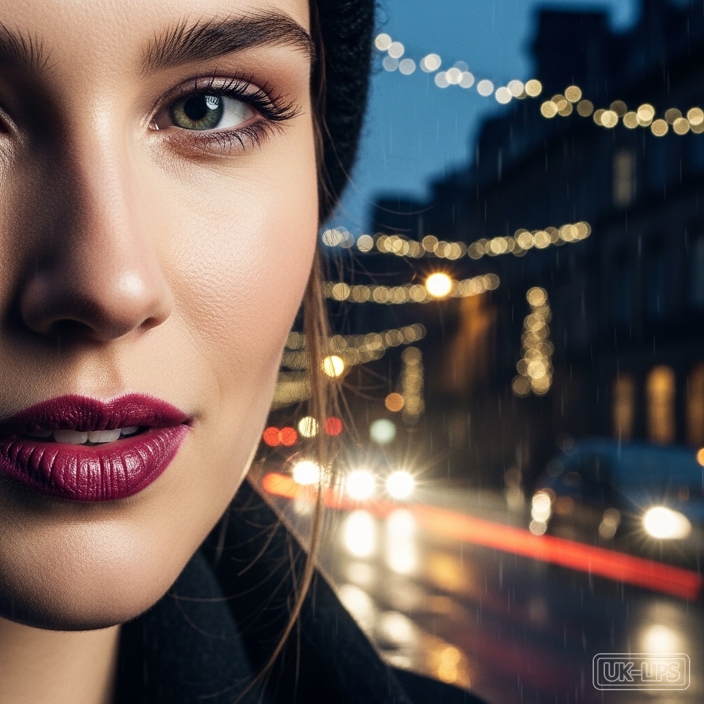 Woman's face with smoky berry lip stain in festive urban setting