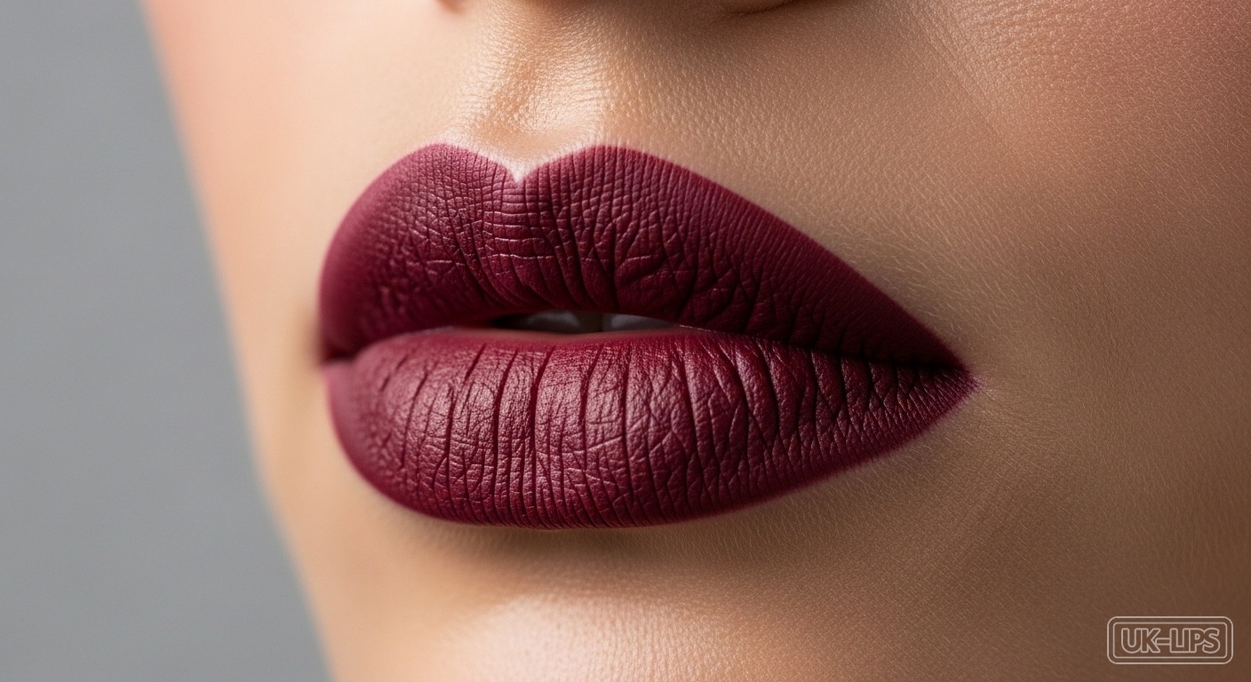 A woman's lips showcasing velvet matte texture in burgundy shade for winter beauty inspiration