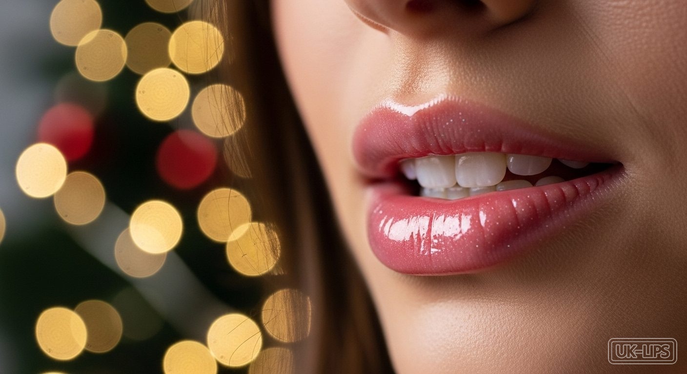 Hyper-realistic glossy pink lips with festive shine for holiday recovery looks