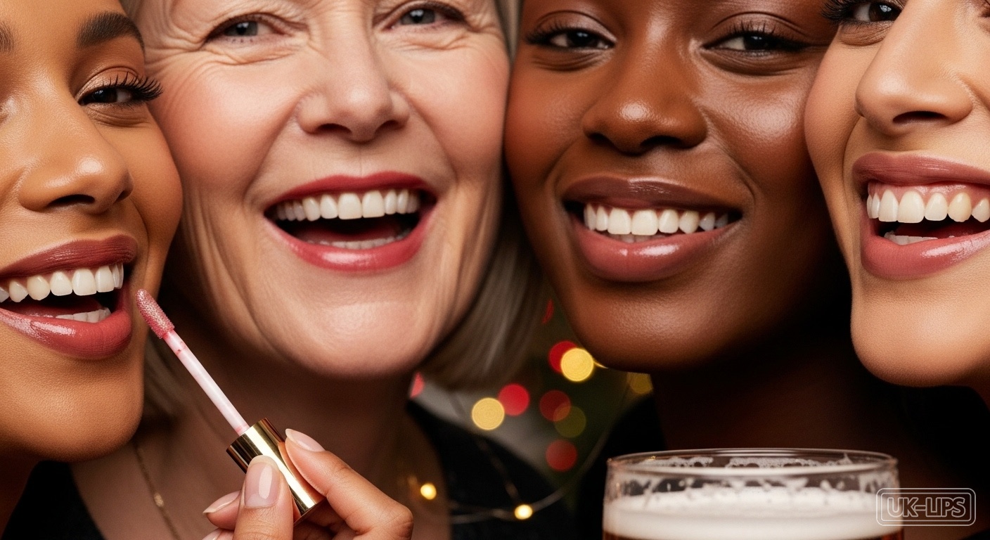 Close-up of joyful lips applying gloss during holiday moments, evoking confidence and festive fun.