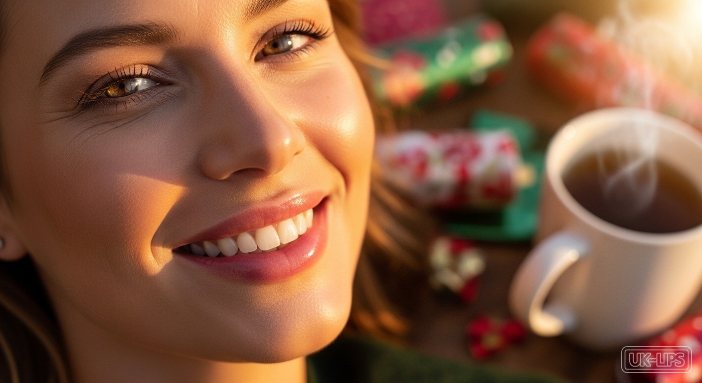 A joyful close-up of revitalised lips amidst post-Christmas chaos, highlighting hydration and natural glow for UK winter beauty.