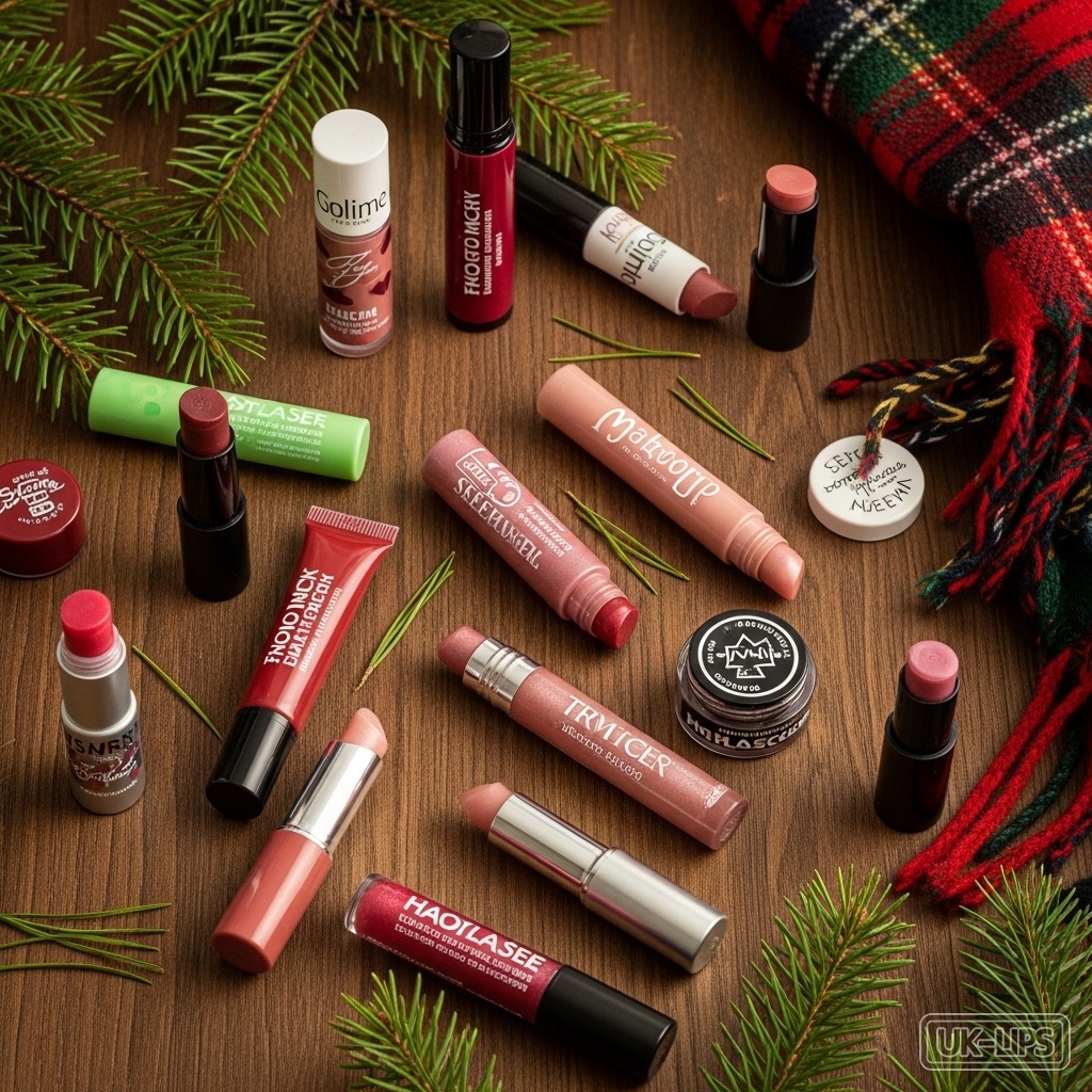 Assortment of affordable UK lip balms and tints for winter revival, styled with cosy Scottish elements.