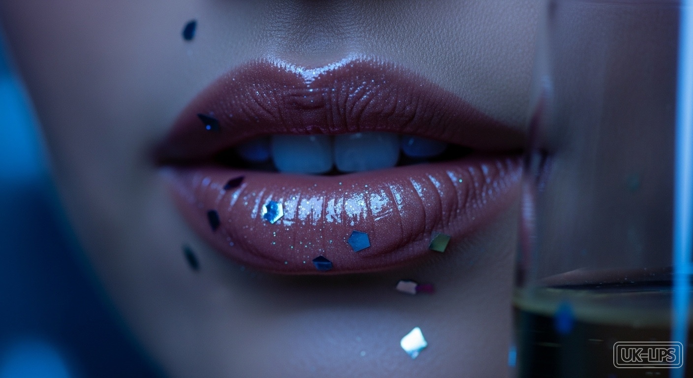 A glamorous close-up of glossy nude lips ready for New Year's Eve celebrations, evoking confidence and festive allure.