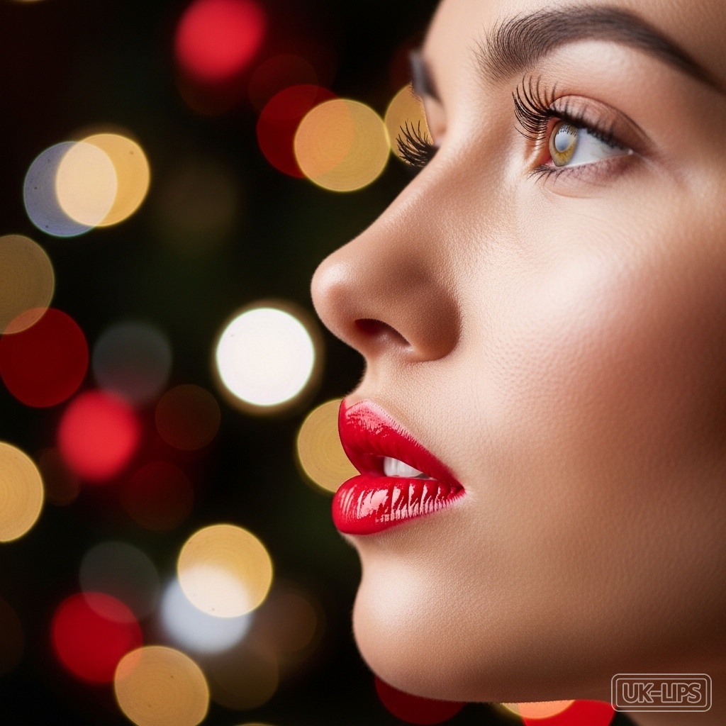 Bold red lips enduring a festive night, showcasing long-wear resilience for New Year's Eve.