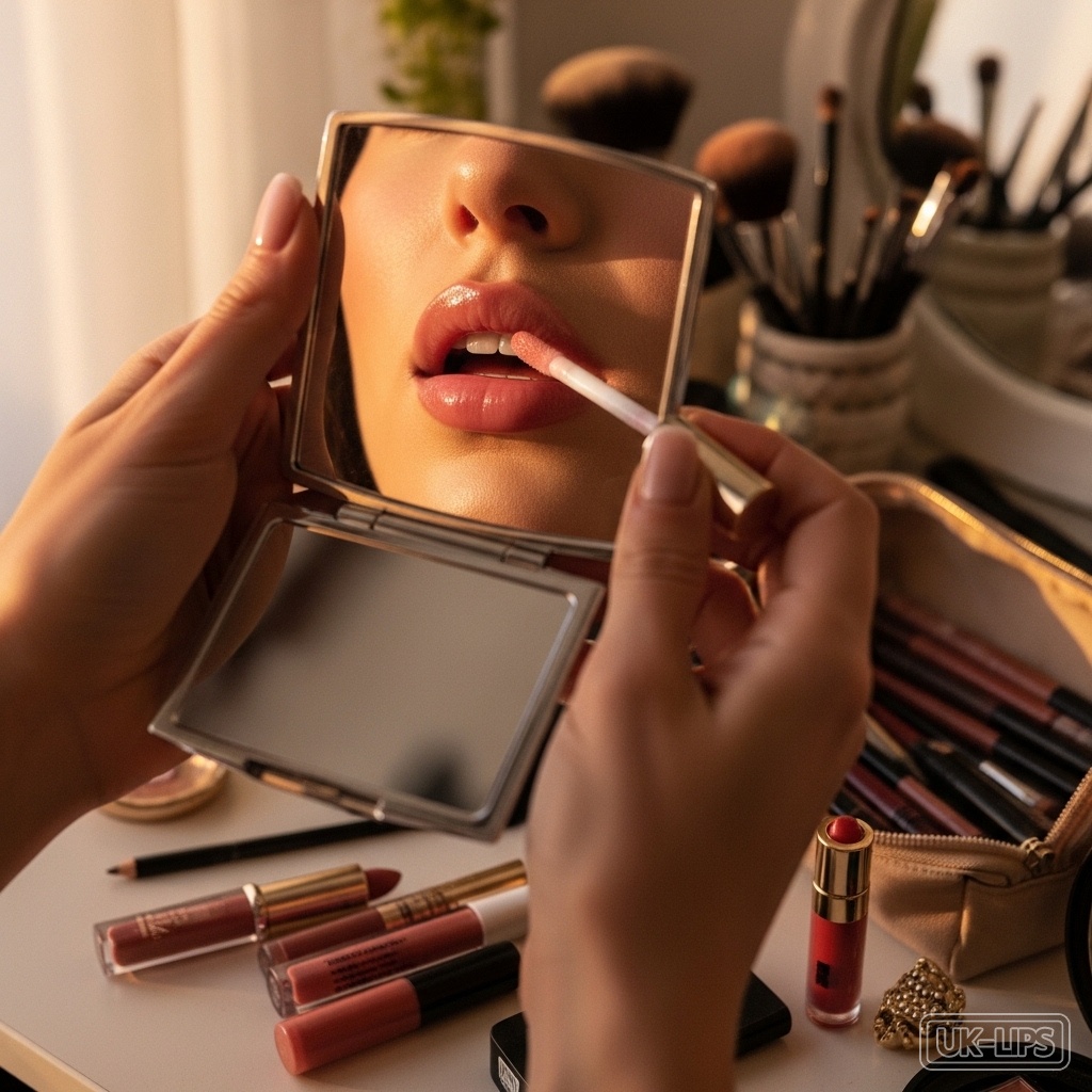 Quick lip touch-up moment on New Year's Eve, featuring gloss application for instant revival.