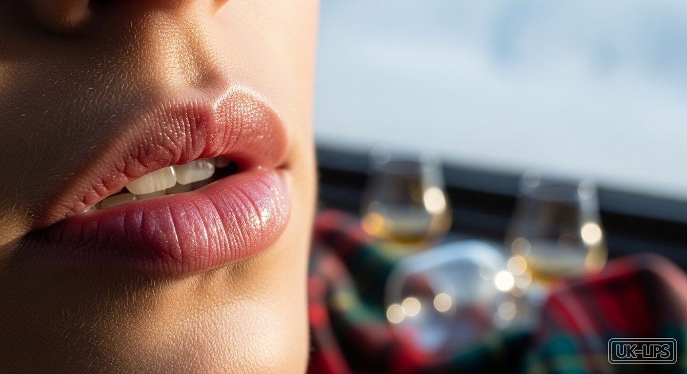 Hero image of hydrated lips post-winter recovery with berry balm application in a Scottish New Year setting