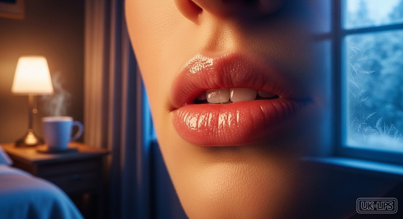 Close-up of hydrated lips with overnight mask in winter setting