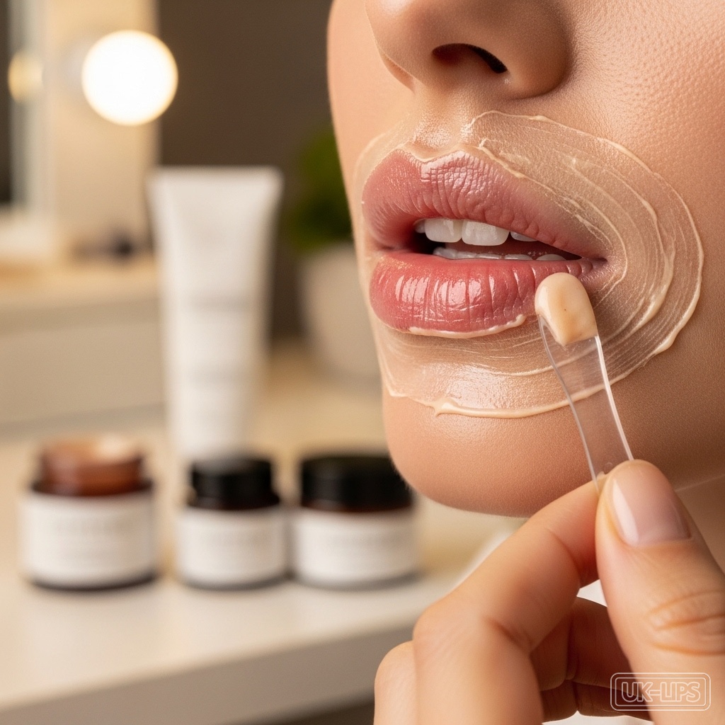 Woman applying creamy overnight lip mask to dry lips