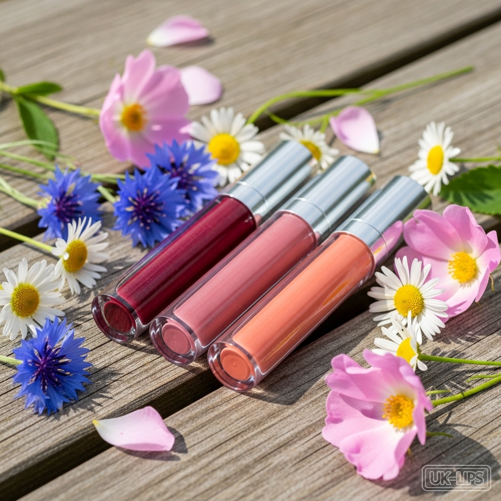 Three sheer lip tint shades on a summer picnic table