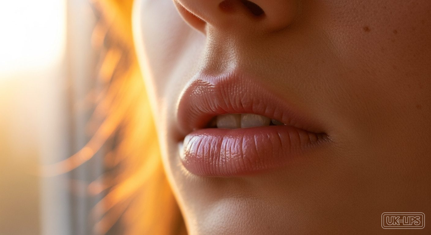 Naturally bare hydrated lips catching soft summer light